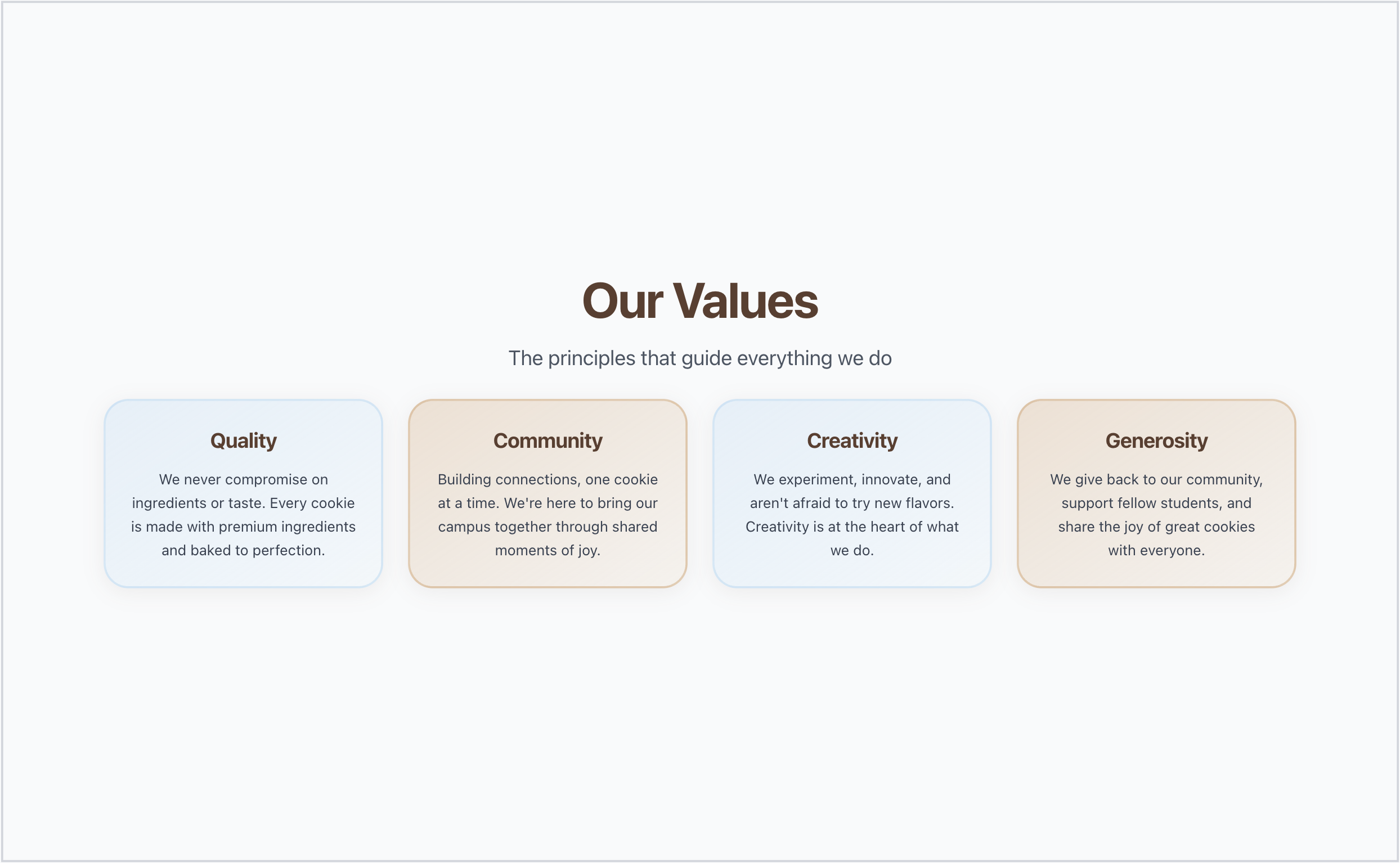 Our Values — Quality, Community, Creativity, Generosity